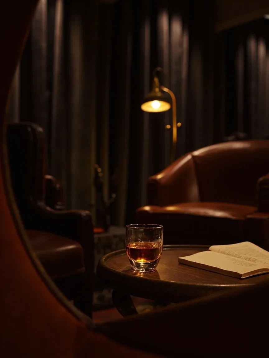 A dim lounge interior with a single illuminated bracket on a velvet rope